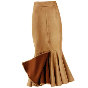 rudenį, žiemą suede undinė sijonas moterims aukšto juosmens paketo klubo padalinta trimitas sijonas