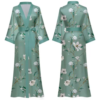 Spausdinti Gėlių Chalatas Kimono Suknelė Negabaritinių Moterų Sleepwear Pižamą Pusė Rankovės Ilgos Skraiste Namuose Dėvėti Atsitiktinis Satino Loungewear