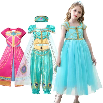 Vasaros Jazminų Princesė Suknelė Mergaitėms Aladdin ' s Žibinto Frock Įspūdingų Kostiumų Vaikų Cosplay Šalies Karnavalas Helovinas Drabužius, Žalia Suknelė