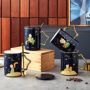 Prabanga Keramikos Aukso Žvaigždė Rankena Mažasis Princas Puodelis Su Dangteliu Ir Šaukštu Kūrybos Kavos Puodelio Drinkware Elegantiška Dovana Draugams