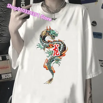 Moterų marškinėliai Kinų Drakonas Spausdinti Streetwear Viršūnes Derliaus Spausdinimo trumpomis Rankovėmis Vasarą Negabaritinių Marškinėliai Moteriški Drabužiai Punk tee