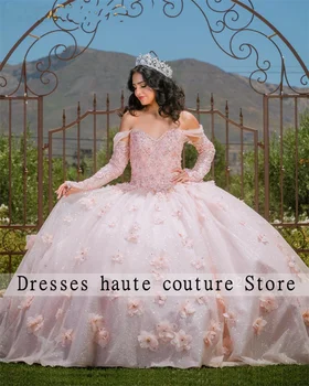 Puošnios Nėrinių Quinceanera Suknelės 2023 Trys Ketvirtį Rankovėmis Kamuolys Suknelė 3D Folwer Birthday Party Dress Vestidos De 15 Quinceañera