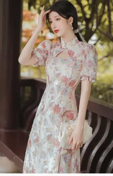 Moterys Vasarą Cheongsam Gėlių Sluoksniuotos Rankovėmis Vintage-Line Suknelė Plonas Rodyti Moterų Kostiumai Seksualus Qipao S Iki XXL Rožinė