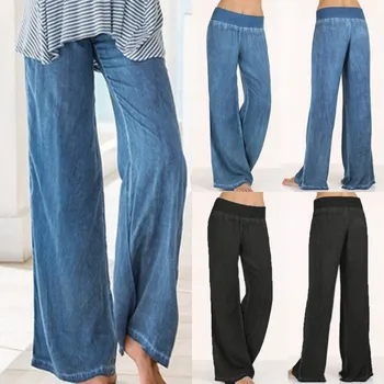 Plius Dydis Džinsai Moterų Plonas, Plati Koja Kelnės Atsitiktinis Streetwear Derliaus Baggy Jeans Mados Kelnės Pantalones Vaqueros Mujer