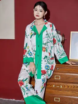 Šilko Pižama Moterims Rudenį Žalia Spausdinti Satino Atsitiktinis Sleepwear Moterų ilgomis Rankovėmis Dviejų dalių Homewear Laisvalaikio Viršūnes Kelnes Rinkinys