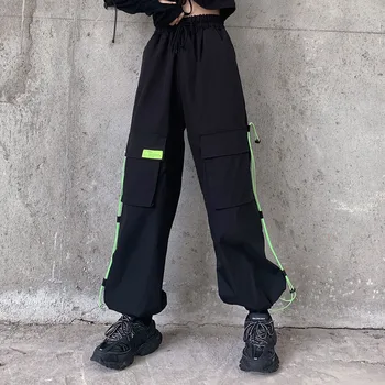 2022 Naujas Moterų Harajuku Juoda Krovinių Kelnės Moterims Gotikos Streetwear Neoninė Žalia Kišenės Aukšto Juosmens Atsitiktinis Kelnės Moteriška
