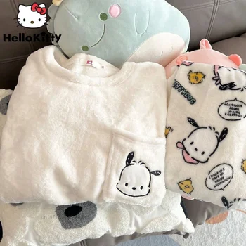 Sanrio Pochacco Hello Kitty Šiltas Sleepwear Rinkiniai Rudens Žiemos Aksomo Medvilnės Moterų Animacinių Filmų Sutirštės Mielas Moterų Pižama Tinka