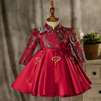 Kinijos derliaus cheongsam suknelė vaikams, drabužiai kūdikiams Satino Lankas Princess tutu Suknelė Merginos Kalėdų Šalis Suknelė Mergaitėms kostiumas