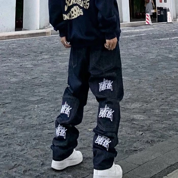 Retro Multi-kišenės Laišką Siuvinėjimo Atsitiktinis Vyrai Džinsai, Kelnės Tiesus Harajuku Hip-Hop Prarasti Atsitiktinis Džinsinio audinio Kelnės