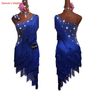 Lotynų Šokių Konkurencijos Suknelė Moterų Kalnų Krištolas Suknelė Mėlynos Spalvos Kutai Suknelė Rumba Suknelė Etape Dėvėti Gatsby Šokių Drabužiai Moterims