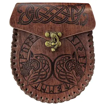 Viking dvigubai Vilkas vadovas Rune spausdinti pinigų maišo, kad iki amžiaus vidurio Šiaurės stilius gali pakabinti diržo monetos rankinėje retro vyrų Fanny pack