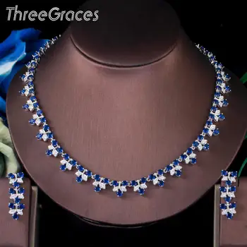 ThreeGraces Royal Blue Turas Kubinis Cirkonis Elegantiškas Lašas Auskarai, Karoliai Papuošalų Rinkinys Moterims Vestuves Priedai TZ555