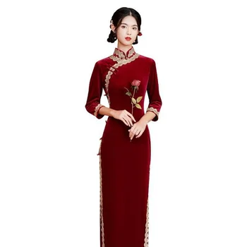 2022 Retro Raudona Suknelė Kinijos Tradicinės Vakaro Suknelės Seksualus Nacionalinės Cheongsam Hanfu Moterų Kinijos Tradicinės Nemokamas Pristatymas