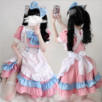 Japonijos Saldus Lolita Tarnaitė Suknelė Moterims Kambarinės Apranga Mielas Rožinis Mėlynas Prijuostė Suknelė Halloween Vakarėlį Merginos Kawaii Anime Cosplay Kostiumas