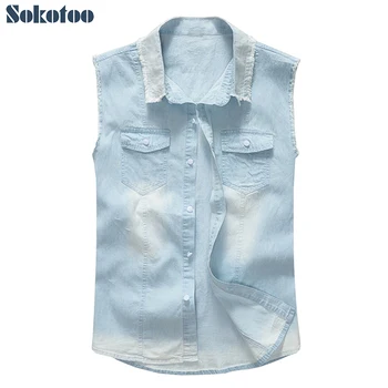 Sokotoo Vyrų šviesiai šviesiai mėlynos spalvos lengvas, plonas džinsinio audinio liemenė Slim rankovių atsitiktinis medvilnės marškinėliai Tank top