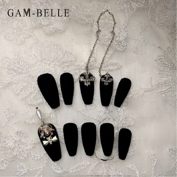 GAM-BELLE Gotikos Netikrus Nagus Matinis Juodas Su Cirkonio Dizainas Visiškai Padengti Dirbtinis Paspauskite Nails Art 