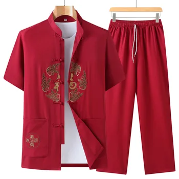 Plus Size Kinijos Tradicinių Kostiumai Vyrams Trumpomis Rankovėmis Marškinėliai, Kelnės Loungewear Nustatyti Retro Išsiuvinėti Kung Fu Vienodas Outwear