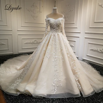 Liyuke Prabanga Sparkle Linijos Vestuvių Suknelė Su Royal Traukinio nuo Peties Visas Rankovės vestido de noiva