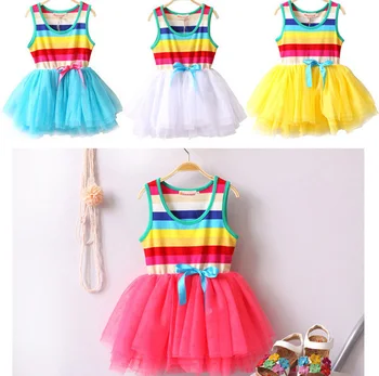 Minkštas Tiulis Vaivorykštės Spalvų Suknelė Mergaitėms Korėjos Vasaros Baby Girl Mažai Spalvinga Vaivorykštė Mados Kostiumai Spalvų Sandėlyje