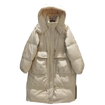 2021 Žiemos Puffer Jacket Moterims Sniego Kailis Ilgas Paltas Moteriška Reguliuojamas Juosmens, Palaidi Gobtuvu Ančių Pūkų Paltai Ponios Šiltas Outwear