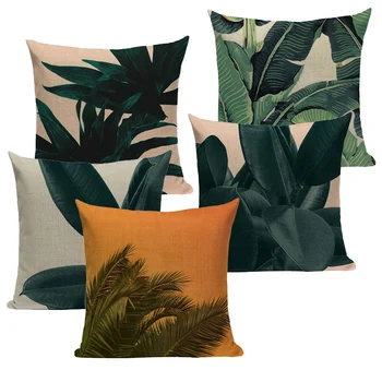 Augalų pagalvėlė padengti atogrąžų džiunglės žali lapai namų sofos, dekoratyvinės pagalvės aikštėje lino print custom mesti pagalvės 45Cmx45Cm